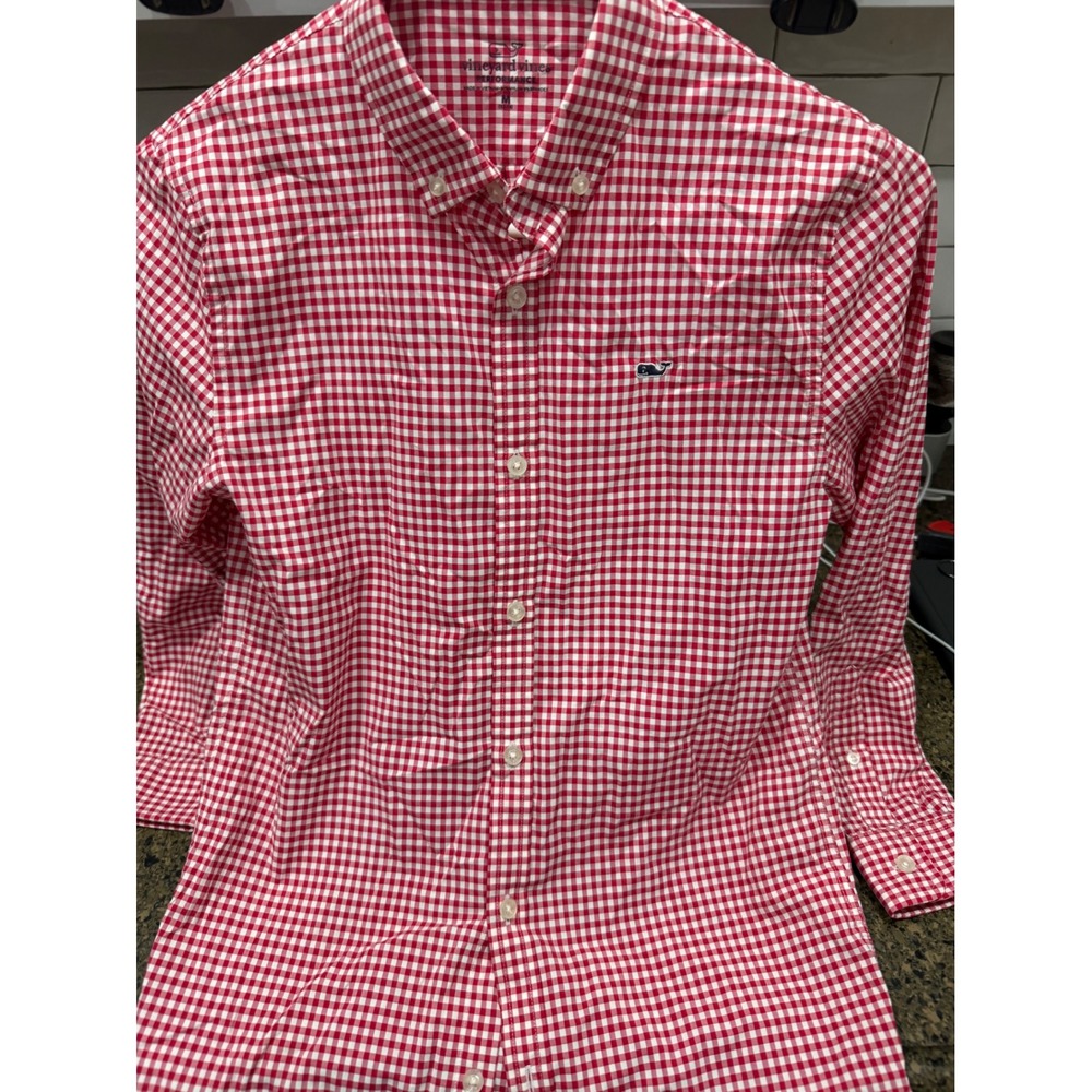 Vineyard Vines Performance‎ Gingham Shirt Red White boy's M 12-14 Button Down